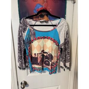 Mirror Image Mixed Print Beaded Fringe Top Vintage Car Graphic XL Womens y2k